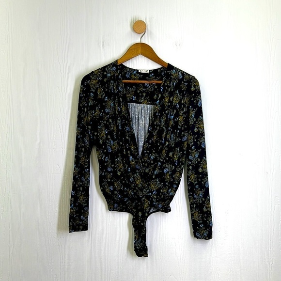 Free People Tops - Free People - Intimately Floral Black & Green Long Sleeve Deep V Neck Bodysuit S